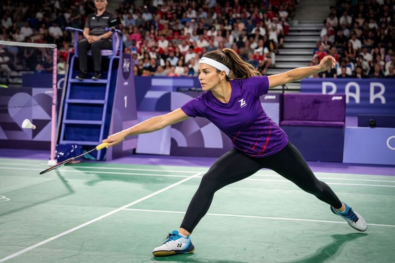 Badmintonspiller på indendørs bane